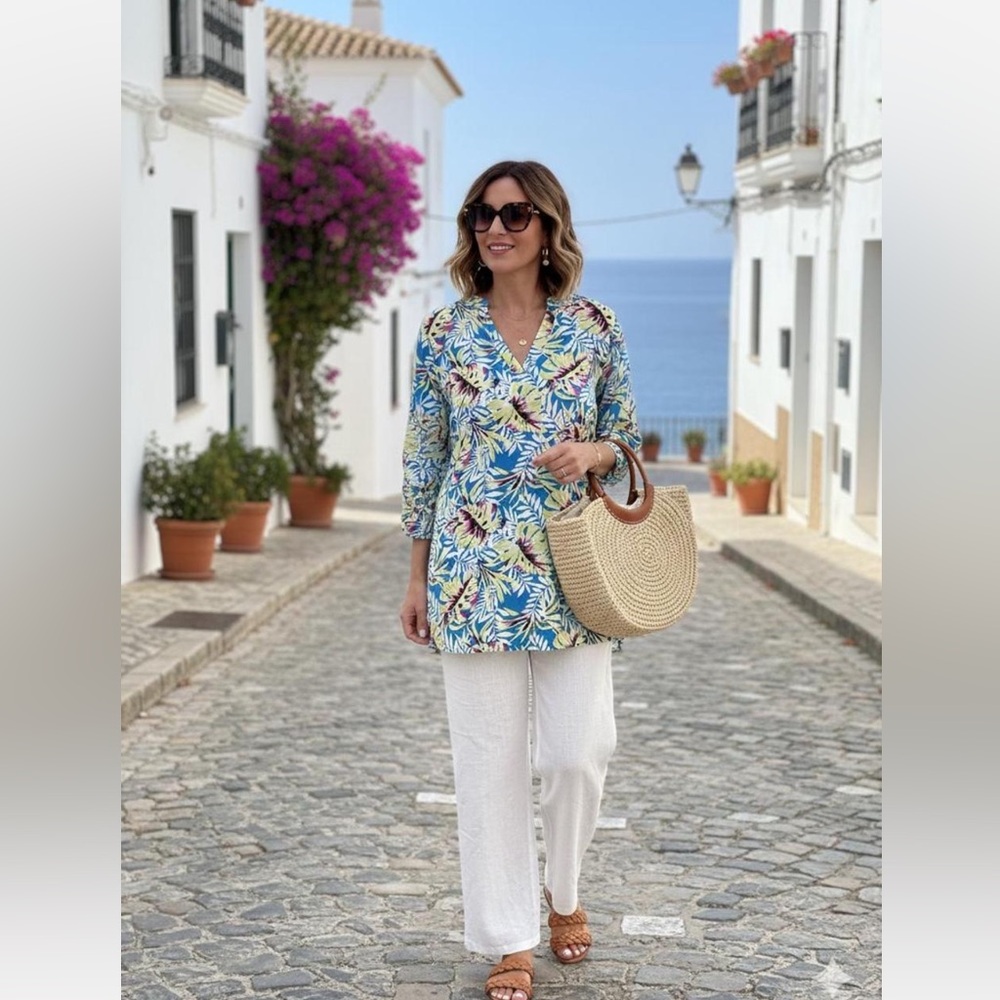 Anne Klein Tropical Floral Print V-Neck Linen Blend Tunic with 3/4 Sleeves